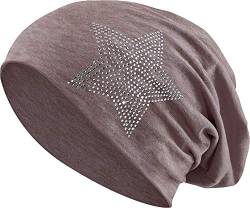 Jersey Baumwolle elastisches Long Slouch Beanie Unisex Herren Damen mit Strass Stern Steinen Mütze Heather in 35 (2) (Heather Brown) von Balinco