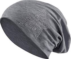 Jersey Baumwolle elastisches Long Slouch Beanie Unisex Herren Damen mit Strass Stern Steinen Mütze Heather in 35 (2) (Heather Dark Grey) von Balinco