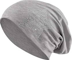 Jersey Baumwolle elastisches Long Slouch Beanie Unisex Herren Damen mit Strass Stern Steinen Mütze Heather in 35 (2) (Heather Grey) von Balinco