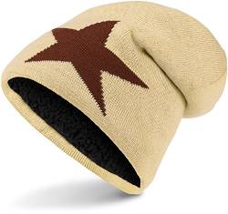Warme Feinstrick Beanie Mütze mit Stern sehr weichem Innenfutter, Unisex (Sand (Dark Brown Star)) von Balinco