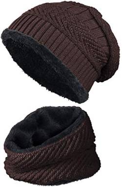 warm gefütterte Beanie + Schal mit Teddy-Fleece Fütterung mit Flechtmuster Wintermütze Einheitsgröße für Damen & Herren Mütze (4A) (Dunkelbraun/Schwarz) von Balinco