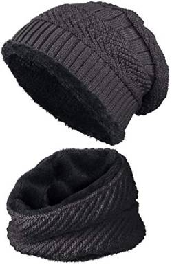 warm gefütterte Beanie + Schal mit Teddy-Fleece Fütterung mit Flechtmuster Wintermütze Einheitsgröße für Damen & Herren Mütze (4A) (Dunkelgrau/Schwarz) von Balinco