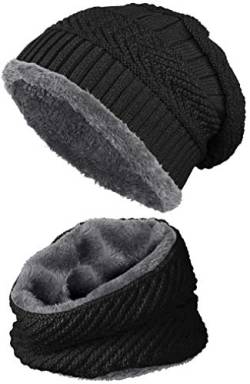 warm gefütterte Beanie + Schal mit Teddy-Fleece Fütterung mit Flechtmuster Wintermütze Einheitsgröße für Damen & Herren Mütze (4A) (Schwarz/Dunkelgrau) von Balinco