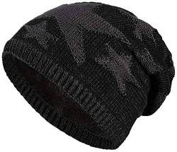 warm gefütterte Beanie mit Teddy-Fleece Fütterung und Sternen Muster Wintermütze Einheitsgröße für Damen & Herren Mütze (1A) (Schwarz) von Balinco