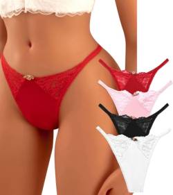 Banamic Frauen Unterwäsche Spitze Ausgeschnitten Thongs Mitte Taille Höschen Slips, B 4 Pack von Banamic