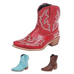 Bandkos Stiefeletten Damen Cowboystiefel Frauen mit absatz Chelsea Cowboy Boots Ankle Elegant Comfort Leder Rot Blau Braun Größe 35-42,RO41 von Bandkos
