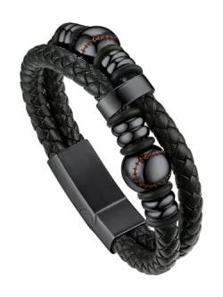 Bandmax 21cm Schwarzes Flechtarmband Lederarmband für Männer Manschette Armband mit Magnetverschluss Armband aus Mikrofaser-Leder Geflochtenes Armband mit Baseball Schmuckzubehör Accessoire von Bandmax