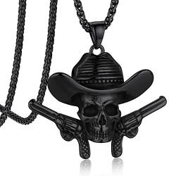 Bandmax Cowboy-Hut Totenkopf Kette Herren Panzerkette Edelstahl Schwarz Skull Halskette Piraten Kette Schädel Kette Länge 55CM+5CM Punk Schmuck Piraten Accessoires von Bandmax