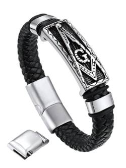 Bandmax Faux Leder Armband mit Edelstahl Freimaurerei Symbol 21cm Wachsschnur Armband mit Magnet Verschluss geflochten Manschette Armband Modeschmuck von Bandmax