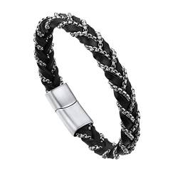 Bandmax Herren Lederarmband Manschette Armband Mikrofaser-Leder Armband mit Kette Männerarmband mit Magnetverschluss Flechtarmband Schicke Armschmuck für Geburtstag Weinachten Länge 19CM von Bandmax