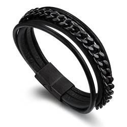 Bandmax Kubanisches Lederarmband Herren Panzerarmband Edelstahl Leder Armband Länge 19 cm Partnerarmbänder im Schwarz Schmuck Accessoires für Weihnachten Geburtstag von Bandmax