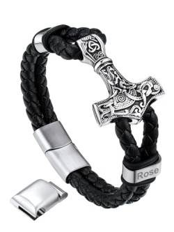 Bandmax Personalisiertes Armband Thors Hammer Armband Herren Mjölnir Lederarmband Flechtarmband mit Magnetverschluss Manschette Armband Wikinger Amulett Schmuck von Bandmax