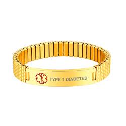 Bandmax Typ 1 Diabetes Armband für Männer Frauen 18k vergoldet Stretcharmband Medical Alert Symbol SOS Notfall Armband 21cm 12mm Manschette Armband Geschenk für Geburtstag von Bandmax