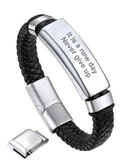 Bandmax personalisiertes Armband für Männer Faux Lederarmband mit ID-Platte 21cm Wachsschnur geflochten Manschette Armband Modeschmuck Accessoire für Vatertag von Bandmax