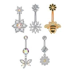 Banemi 5Stk Bauchnabelpiercing Anhänger Set, 14G Schwangerschaft Biene Schmetterling Körperschmuck für Freund von Banemi