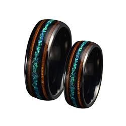 Banemi Partner Ringe Schwarz, Trauringe Breit Edelstahl 8 mm Inlay Opal und Holz zum Hochzeitstag des Paares von Banemi