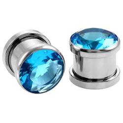 Tunnel 5mm, Plug Tunnel Ohr 2 Stück Hellblau Edelstahl mit Blauem Zirkonia Jubiläumsgeschenk von Banemi