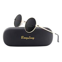 BangLong Runde sonnenbrille Herren Damen, Runde Polarisiert Sonnenbrille Retro Vintage Sunglasses Mirrored Lenses (Gold/Black) von BangLong