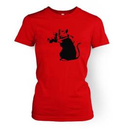 Damen T-Shirt mit kleiner Ratte (Full Profile) mit Kamera Pointing Banksy, rot, Small von Banksy By Big Mouth