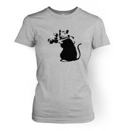 Damen T-Shirt mit kleiner Ratte (Full Profile) mit Kamera Pointing Banksy Gr. Medium, Grau - Sport Grey von Banksy By Big Mouth