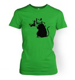 Damen T-Shirt mit kleiner Ratte (Full Profile) mit Kamera und Pointing Banksy, Grün - Irish Green, X-Large von Banksy By Big Mouth