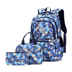 Bansusu Geometrischer Druck Mädchen Jungen Rucksäcke für Kinder Grundschule Taschen, Blau, 3 Stück, Large-A-3Pcs von Bansusu