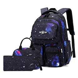 Galaxy Kinder-Rucksäcke für Schule, Jungen, Grundschule, mehrere Taschen, Schultaschen, 3 Stück, A3, Dunkelblau, 3Pcs Backpack Set von Bansusu