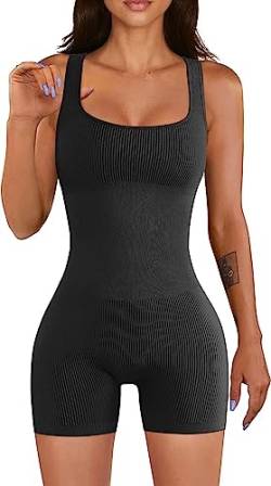 BaoBaJiu Superweiche Damen-Yoga-Jumpsuits | Gerippter, ärmelloser Sport-Strampler mit quadratischem Ausschnitt (Color :Schwarz, Size :S) von BaoBaJiu