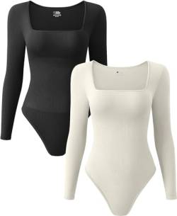 Women's Ribbed Bodysuit 2-Piece Set - Square Neck, Long Sleeve, Sexy & Slimming (Black Beige, S) von BaoBaJiu