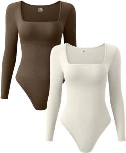 Women's Ribbed Bodysuit 2-Piece Set - Square Neck, Long Sleeve, Sexy & Slimming (Coffee Beige, S) von BaoBaJiu