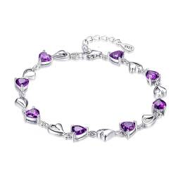 Baobei Kaguyo Silberne Armbänder für Frauen, Kristallarmbänder, klares Amethyst-Rosa-Rot-Blau-CZ-Freundschaftsarmband in Herzform für Frauen und Mädchen, Geburtstagsgeschenk (purple) von Baobei