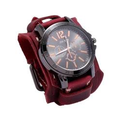 Baoblaze Herren-Armbanduhr, Punk-Uhr, modisch, rundes Zifferblatt, Lederarmbanduhr, Herren-Armbanduhr für Hochzeiten, Partys, Vatertag, Rot von Baoblaze
