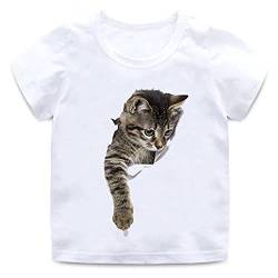 Kinder Lustiges 3D Katze T-Shirt Jungen Mädchen Tier Kurzarm Rundhalsausschnitt Baumwolle Weiches T-Shirt Weiß Casual T-Shirt 01 12T von Baobli