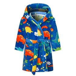 Baogaier Bademantel Kapuze Jungs Dinosaurier Blau Frottee Bademantel Flanell Lange Ärmel Weiche Bequeme Schlafoveralls Pyjama Taillengürtel Netter Tier Muster Kinder Alter 7-8 Jahre von Baogaier