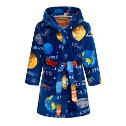 Baogaier Bademantel Kinder Jungen Flanell Lange Ärmel Weiche Bequeme kinderbademantel mit Kapuze Schlafoveralls Pyjama Taillengürtel Planet Blau Robe Gr.122-128 von Baogaier