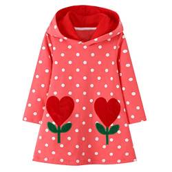 Baogaier Kinder Mädchen Kleid Kapuze Rot Kapuzenpullover Blumen Punkte Applique Pulloverkleid Baumwolle Langarm Pullover Kleider Hoodie Sweatshirt Hoodiekleider Kapuzenkleid Langarmshirt 3-4 Jahre von Baogaier