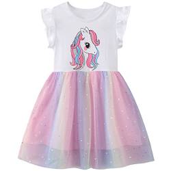 Baogaier Kleid Baby Mädchen Einhorn Pailletten Tüllkleid Ärmellos Baumwolle Glitzer Sommer Kleider Gr. 92-98 T-Shirt Rosa Tüll Rock für Kinder Kleinkinder 2-3 Jahire, Weiß von Baogaier