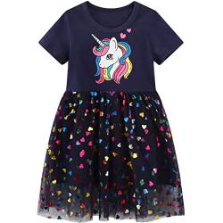 Baogaier Kleid Baby Mädchen Pailletten Einhorn Tüll Kleider Baumwolle Kurzarm Gr. 92-98 Navy Blau Glitzer Drucken Sommer Shirtkleid Sommerkleid Rock Alltag Ballkleid Geburtstag Kind 2-3 Jahire von Baogaier