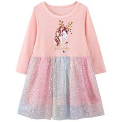 Baogaier Mädchen Kleid Baumwolle Lange Ärmel Tüll Kleider Einhorn Glitzer Pailletten Stickerei Gr. 110-116 Shirtkleid Frühling Herbst Sommer Alltag Geburtstag Kinderkleidung 5-6 Jahire, Rosa von Baogaier