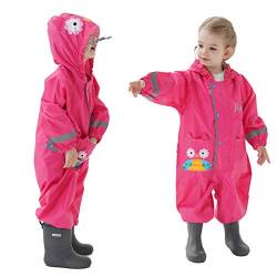 Baogaier Regenmantel Kapuze Baby Mädchen Atmungsaktiv Wasserdicht Leicht Regenanzug Einteilig Outdoor Regenponcho Overall Regen Softshelljacke Rosenrot Eule für Sport Schulaktivität Kinder 1-2 Jahre von Baogaier