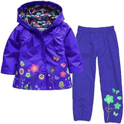 Baotung Kinder Mädchen 2tlg Bekleidungsset wasserdichte Regenjacke Regenanzug Regenmantel mit Kapuze und Blumenmuster + Regenhose, Dunkelblau, Gr.98(Herstellgröße:100) von Baotung