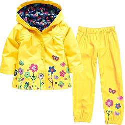 Baotung Kinder Mädchen 2tlg Bekleidungsset wasserdichte Regenjacke Regenanzug Regenmantel mit Kapuze und Blumenmuster + Regenhose, Gelb, Gr.98(Herstellgröße:100) von Baotung