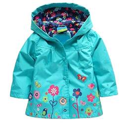 Baotung Kinder Mädchen wasserdichte Regenjacke Regenanzug Regenmantel mit Kapuze und Blumenmuster, Blau, Gr.86/92(Herstellgröße:90) von Baotung