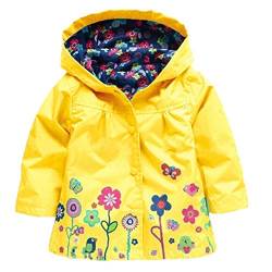 Baotung Kinder Mädchen wasserdichte Regenjacke Regenanzug Regenmantel mit Kapuze und Blumenmuster, Gelb, Gr.104/110(Herstellgröße:110) von Baotung