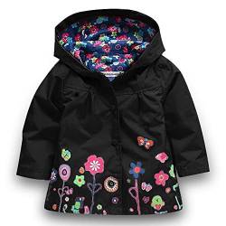 Baotung Kinder Mädchen wasserdichte Regenjacke Regenanzug Regenmantel mit Kapuze und Blumenmuster, Schwarz, Gr.104/110(Herstellgröße:110) von Baotung