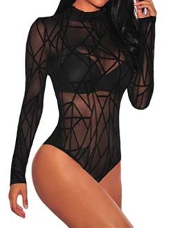 BarbedRose Damen Sexy Sheer Mesh Geometrisch Samt Langarm Bodysuit - Schwarz - Klein von BarbedRose