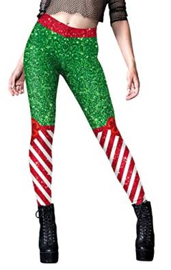 BarbedRose Damen Ugly Christmas Leggings Xmas High Waist Holiday Workout Pant Tights Leggings, Grün Rot gestreift, X-Groß von BarbedRose
