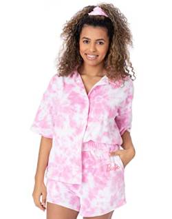 Barbie Damen 3 Stück Torubing Co-Ord Beach Cover Up | Rosa Batikfarbe Handtuch T-Shirt Shorts Haargummis Haar Bobble | Barbie Logo Bademode Merchandise von Barbie