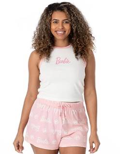 Barbie Damen Kurzer Pyjama | Damen Puppenlogo gerippte weiße Weste mit rosa elastischen Shorts Kleidung Nachtwäsche Merchandise von Barbie