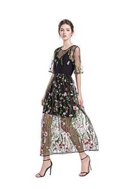 BaronHong Damen Blumenmuster Bestickt Tüll Ballkleid mit Cami Kleid 3/4 Ärmel, schwarz, Mittel von BaronHong